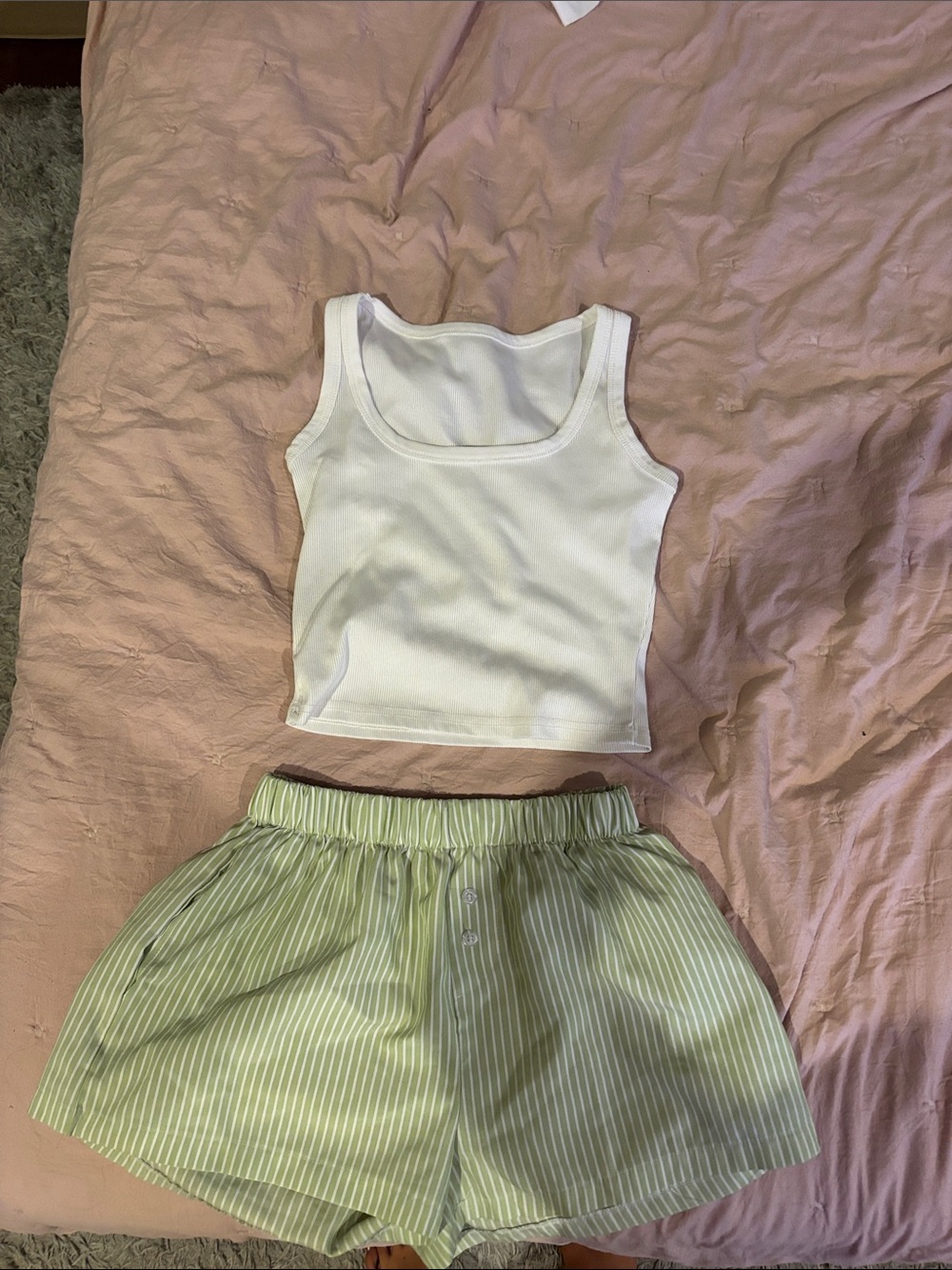 Amazon White Ribbed Crop Tank & light  Green Pinstripe Shorts Set